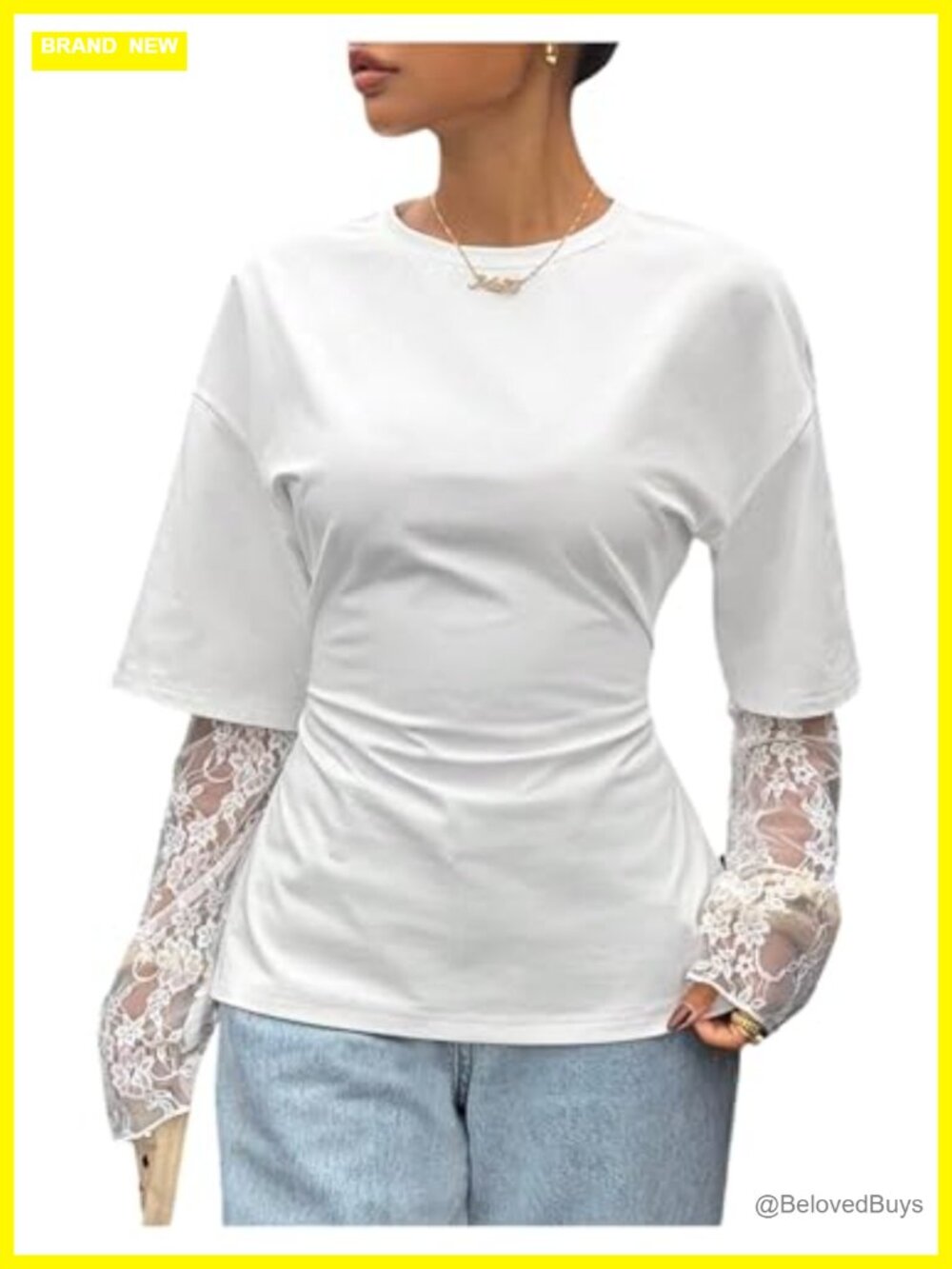 Women's Lace Patchwork Long Sleeve Cinched Waist Top